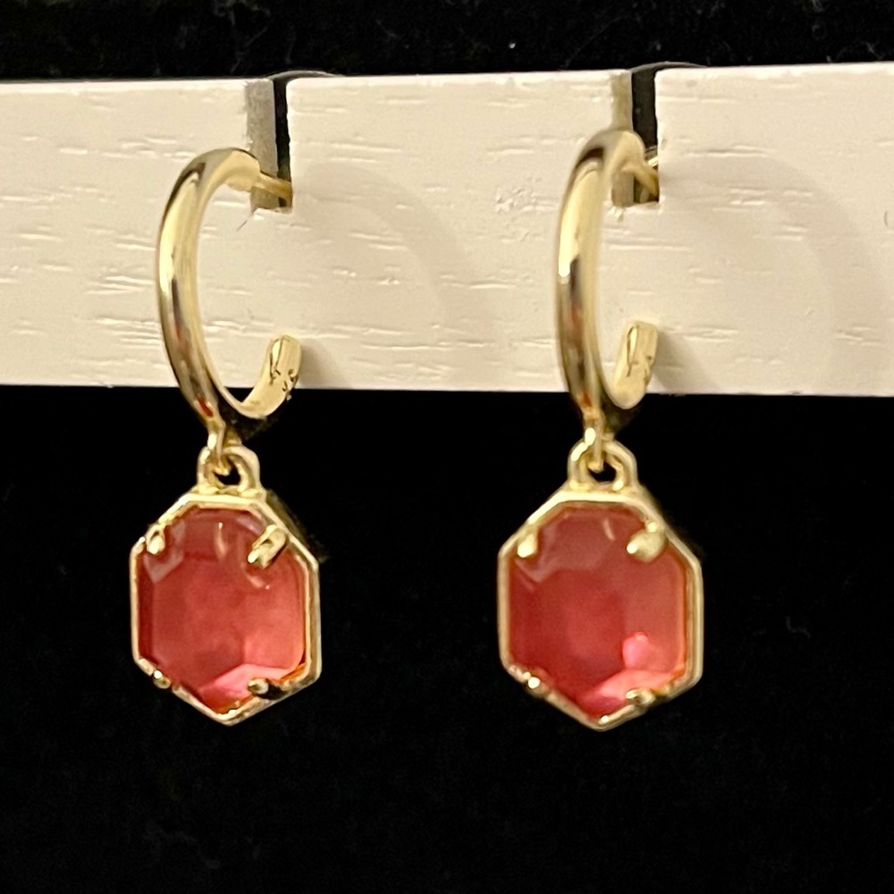 Kendra Scott Tomon Huggie Earrings Gold Tone with Pink Stone